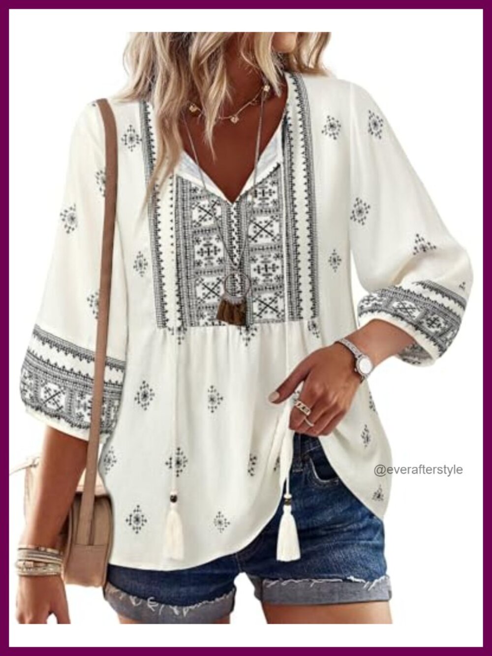 Vivilli Womens Boho Babydoll Peplum Blouse 3/4 Sleeve V Neck Tie Front Tunic Top